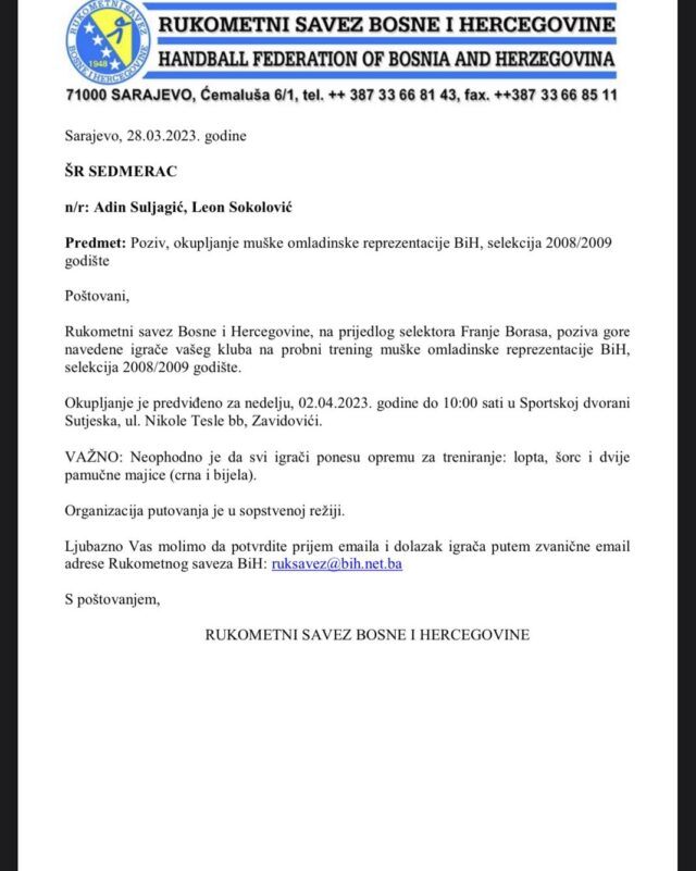Poziv u reprezentaciju BiH